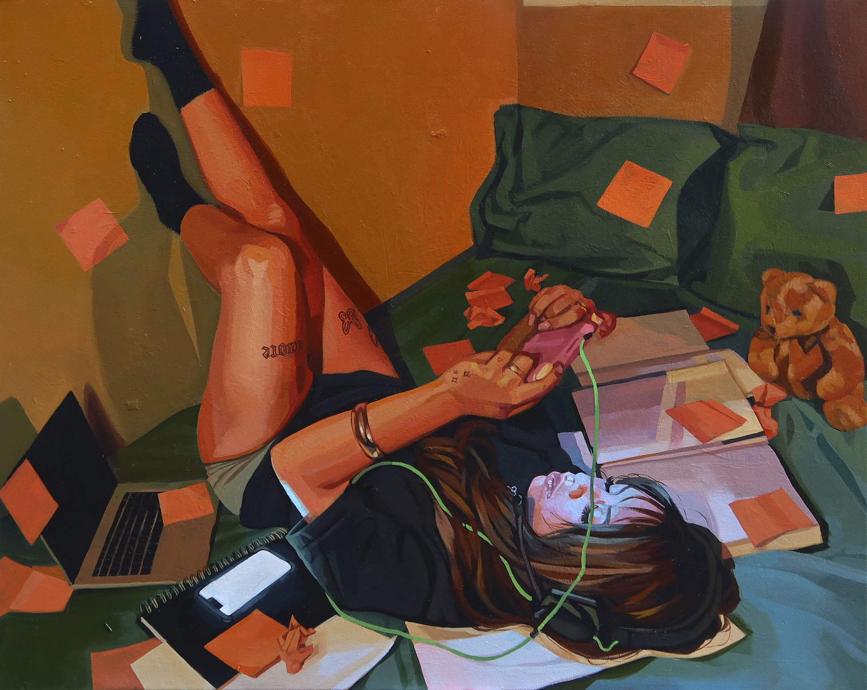 Painting of a light-skin black woman laying back in bad on her gaming device that glows onto her face in her dimly lit room. She is surrounded by orange sticky notes from some failed effort at work.