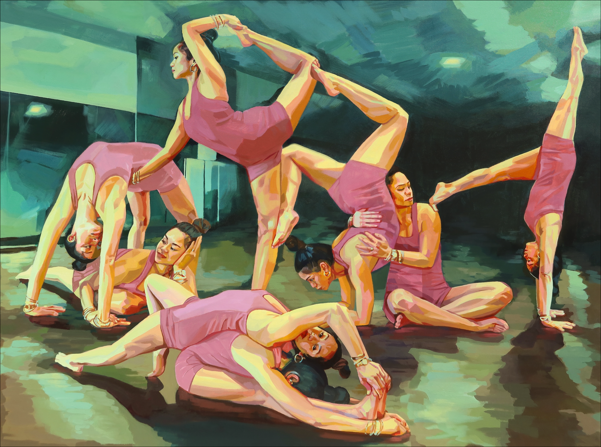 Painting of on dancer split into 8 as her mind drifts away from her during a dance class. The studio is a green tone and she dawns a pink leotard.