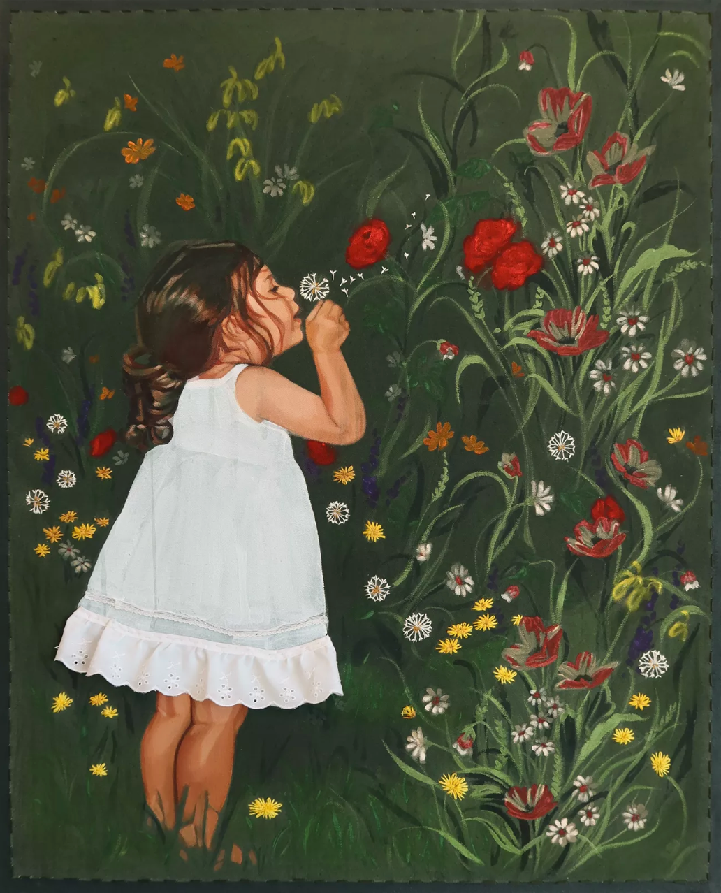 Painting of a little girl blowing on the seeds of a dandelion in a flower garden. The background is mainly green and she wears a white dress including fabric mixed media elements.