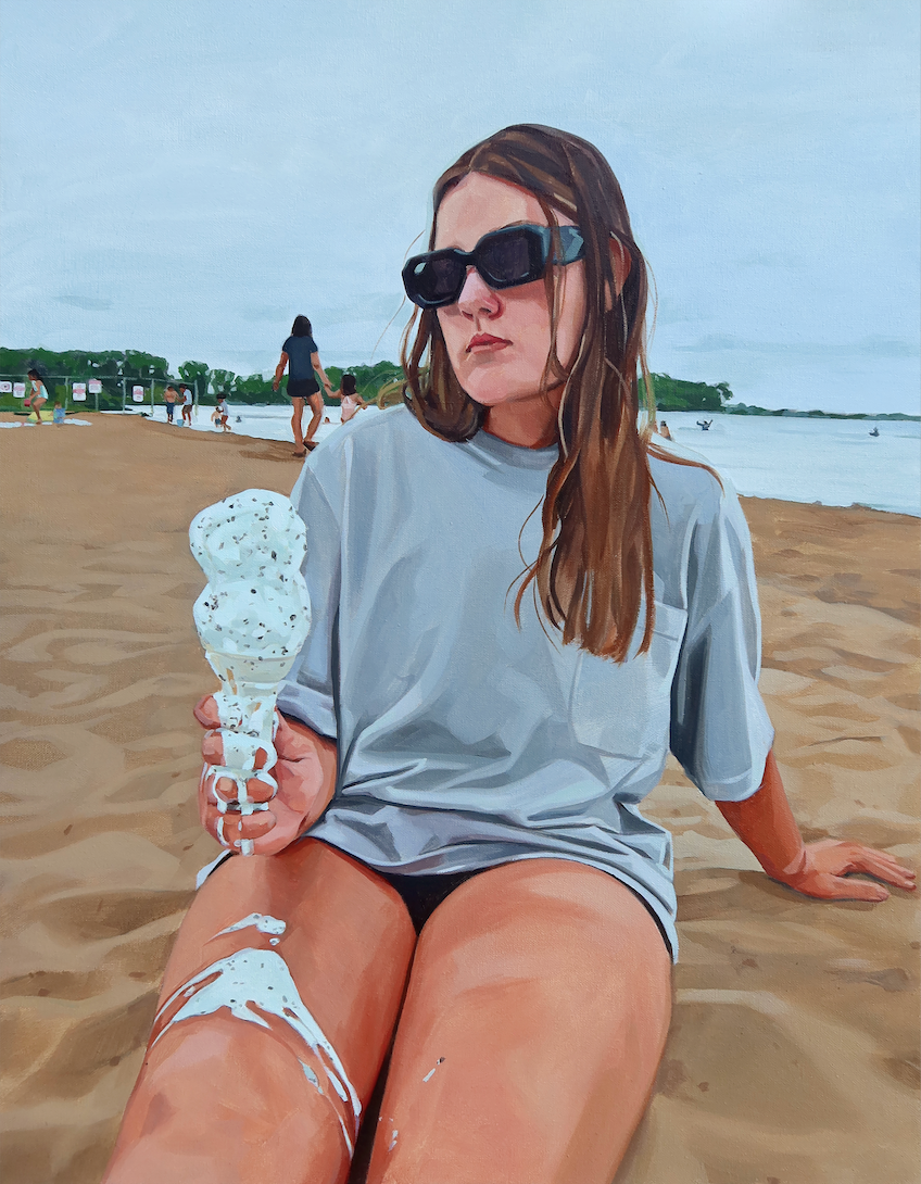 Painting of a girl at the beach on a gloomy cloudy day. She stares off into the distance with a stoic expression through her blacked-out shades as her mint chip ice-cream drips down her hand and onto her leg.
