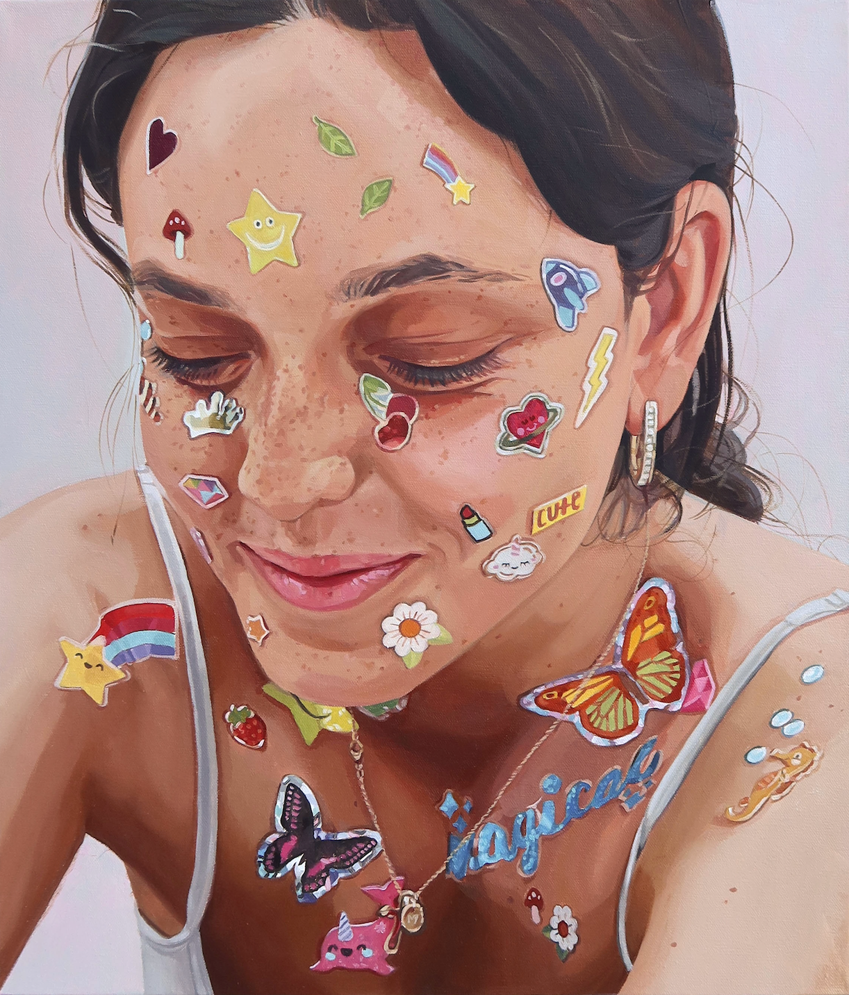 Painting of a brunette middle eastern girl smiling to herself, eyes closed after covering her face and decolletage in colourful stickers.