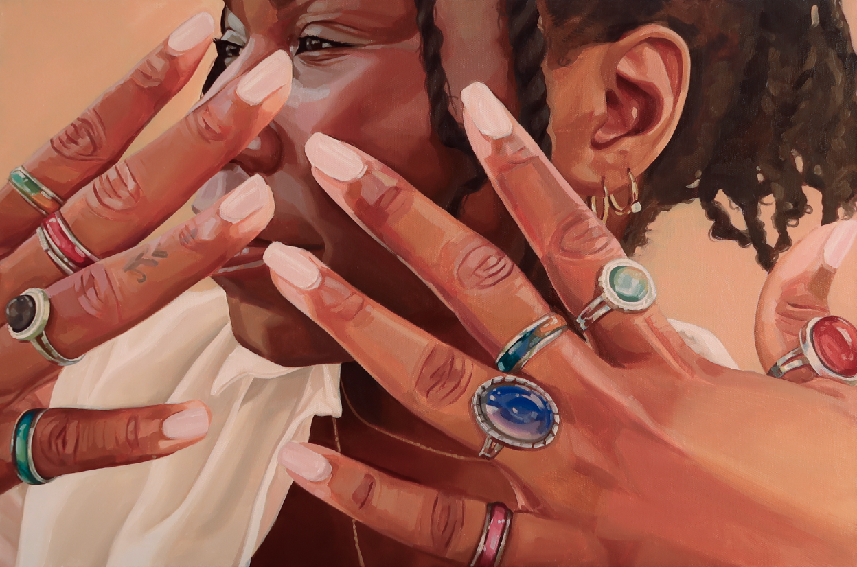 Painting of a black woman with her hair in twists looking off to her right while holding her hands in from of her face. She is wearing a mood ring on every finger and each finger's mood is coming out a different colour. The overall colour palette is a warm brown neutral.