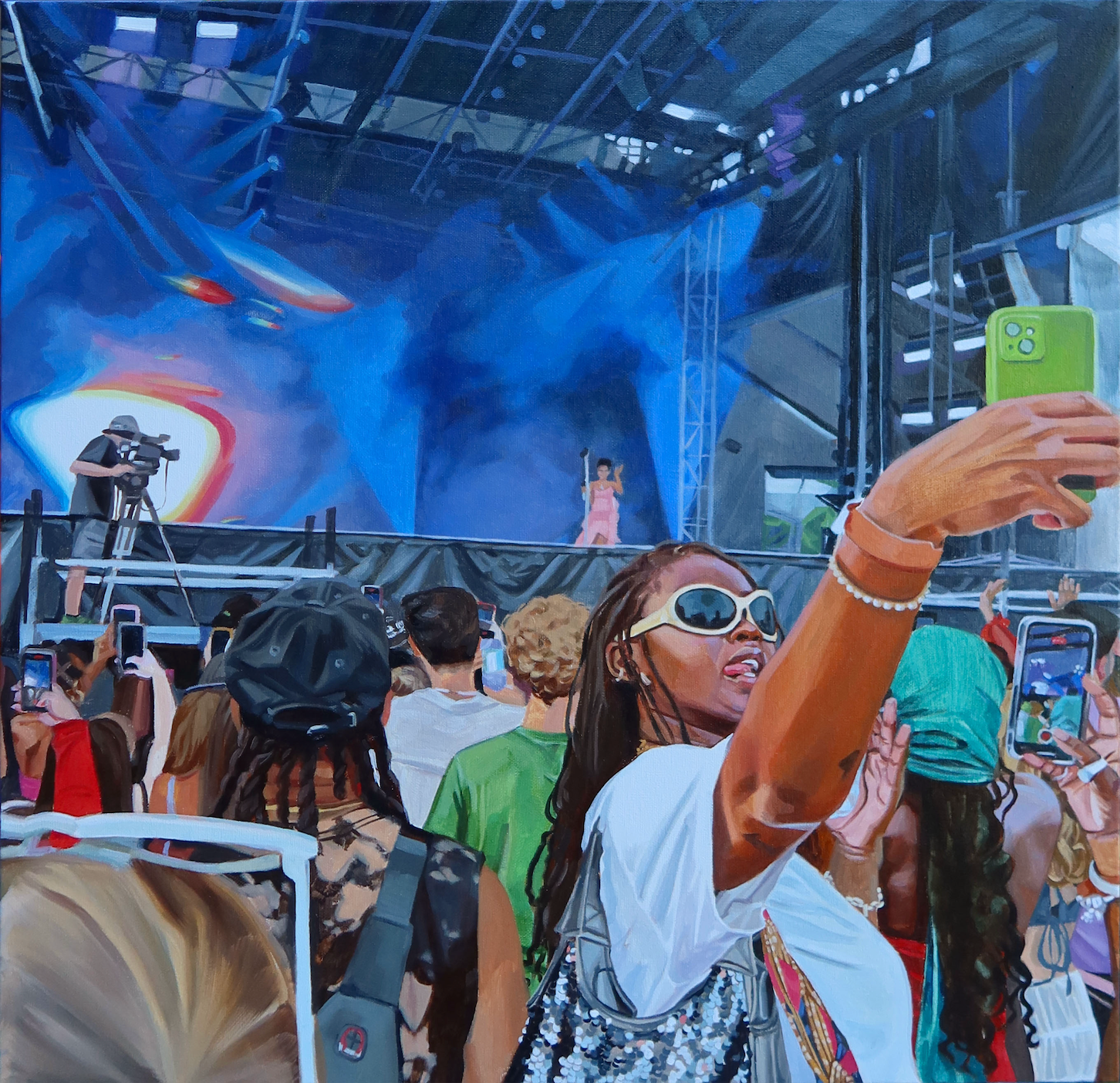 Painting of a black girl with braids, cream sunglasses, a white t-shirt and a sequined silver purse attending a music festival. She takes a selfie with her lime green phone as the artist enters the stage. Her tongue is stuck out to the side. The lighting is mainly royal blue.