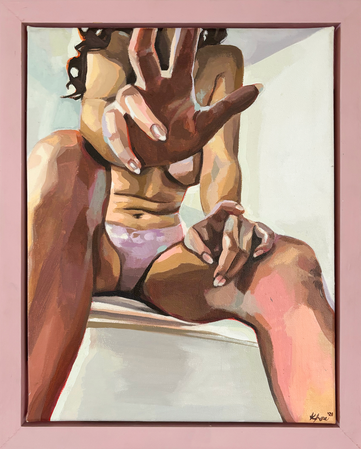 Pink framed painting of a semi-nude girl reaching towards the viewer.