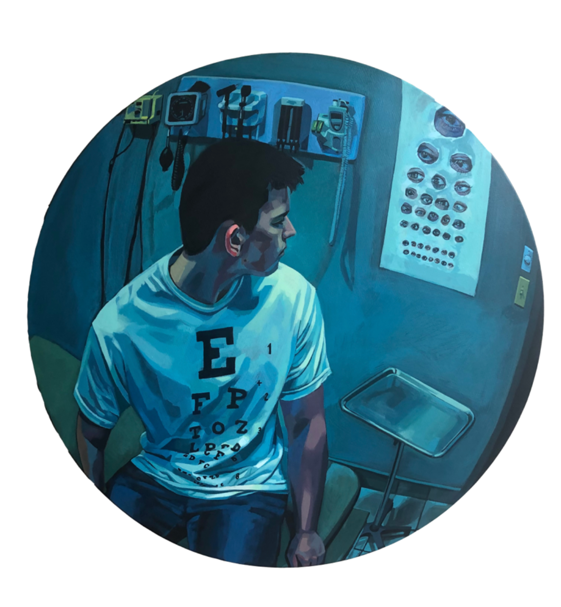 A young man sits in an eerie blue-toned doctors office waiting for the doctor. He wears a graphic T-shirt with an eye-chart printed on it and stares over his shoulder at the eye-chart which is now covered in eyes that stare back at him. A kind of paranoid surreal fever dreamscape.