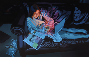 Open image in slideshow, Painting of a girl laying on her black leather couch n her phone and laptop in front of the TV, eating ice cream and chips, reading a magazine on mindfulness.  The blue light shines across the scene creating a blue overall colour palette.
