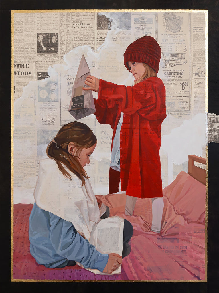 Mixed media acrylic and collage art of two girls playing dress up in bed as the pope with a newspaper hat.