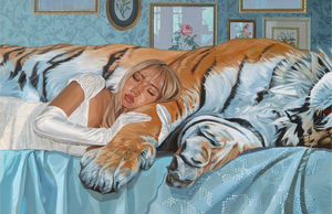 Open image in slideshow, &quot;Bliss&quot; painting of girl sleeping next to a tiger in a blue room. Very feminine and maximalist.
