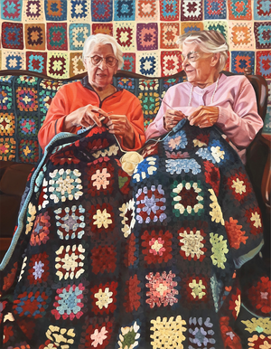 Open image in slideshow, Painting of two elderly sisters crocheting a granny square mutli-coloured afghan blanket together, sat on a couch also covered in granny square crochet in front of a wall ALSO of granny square crochet. The whole piece is a bit like one pattern in the end.
