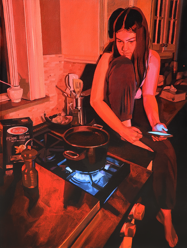 The first of a two-part painting series defined by its red nighttime lighting and pop of blue flame as the subject waits on their pot of water to boil.