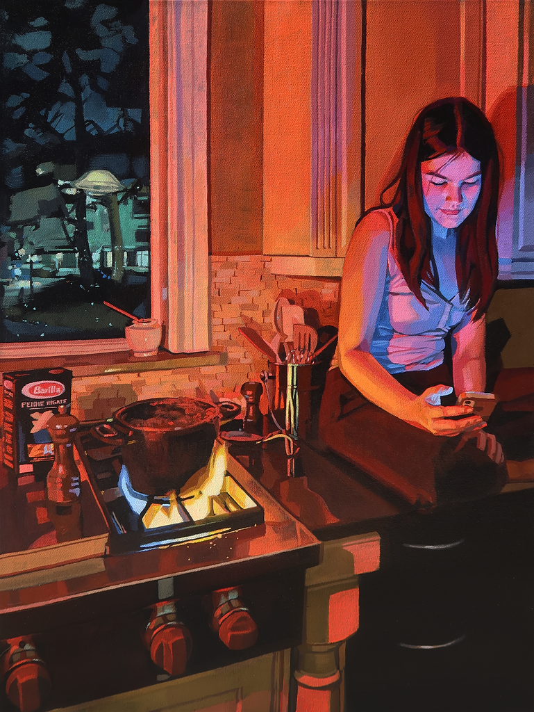 The second painting of a two-part series defined by its warm nighttime lighting and glow from the pot of water that boils over as the subject attends to her phone.