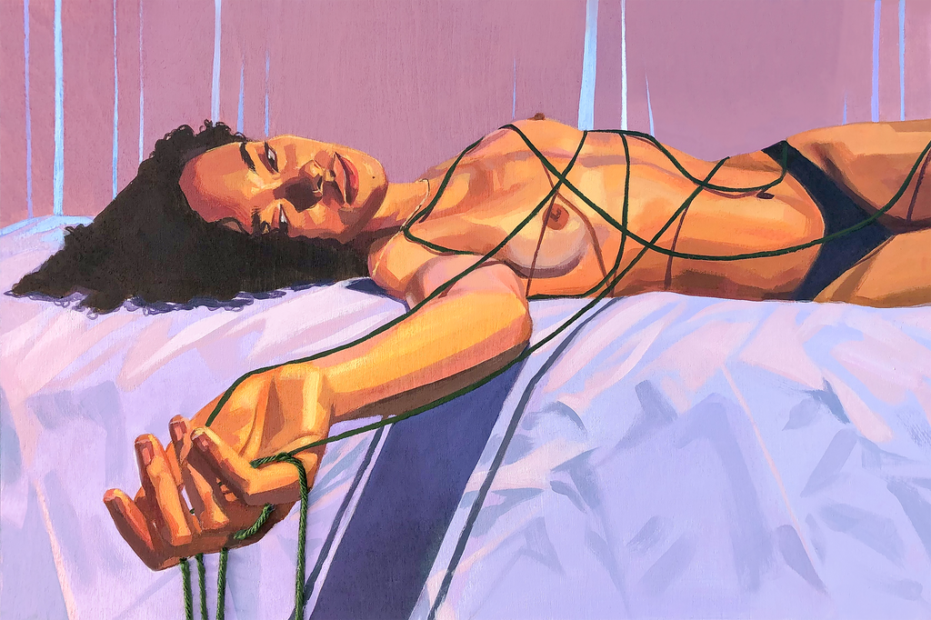 A pinky painting of a woman laying back with her arm stretched out, yarn hanging from her fingertips over the edge of her bed. 