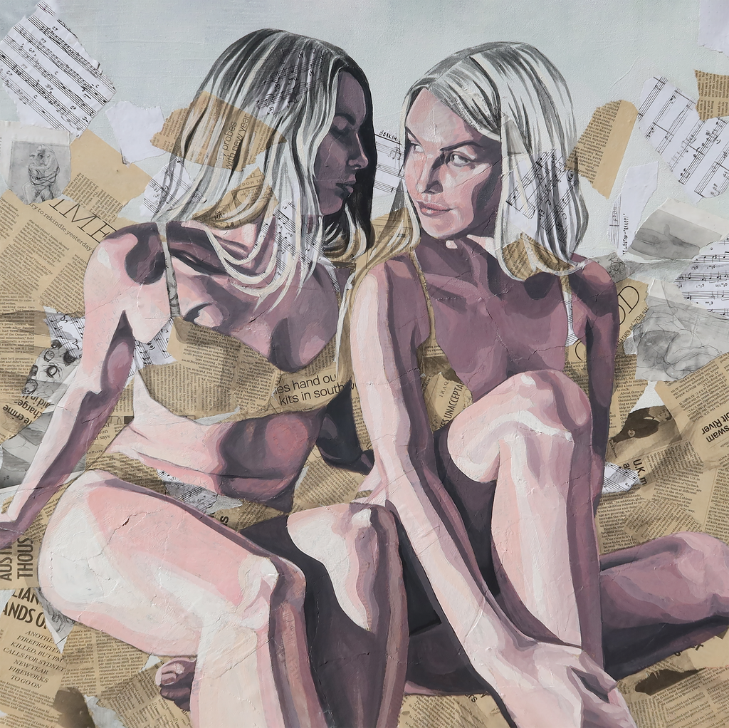 Neutral painting of two pale pink women collaged into old newspaper. Very light and shabby chic.