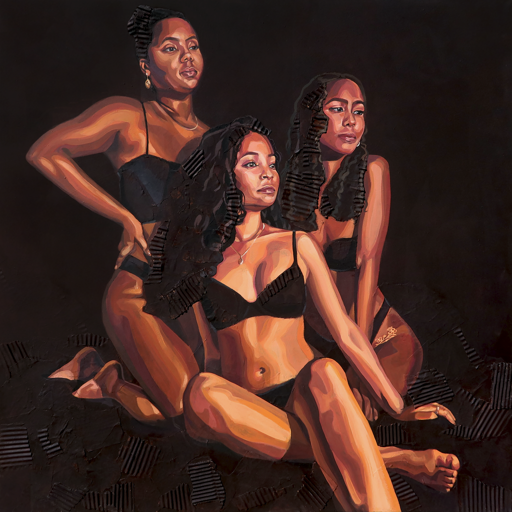 Figurative painting of three women in deep browns.